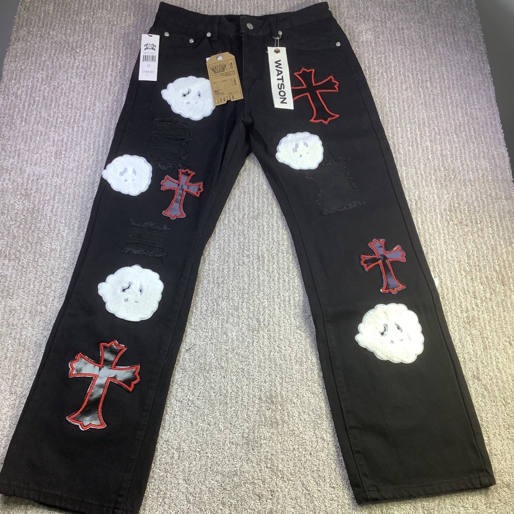 Watson Denim Jeans Black Embellished Cross Cloud Applique Mens Size 32 x‎ 30 NWT